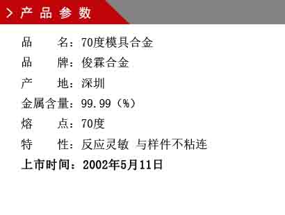 品 名：低溫熔模鑄造合金 品 牌：俊霖合金 產(chǎn) 地：深圳 金屬含量：99%特 性：脹縮率小 不粘連 無(wú)毒性 熔 點(diǎn)：55℃ 成 分：鉛、鉍加之其他輔助金屬 上市時(shí)間：2002年5月11日